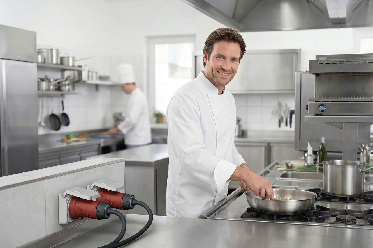 Cepex panel‑mounted receptacles in a professional commercial kitchen – reliable, robust, and engineered for demanding working environments