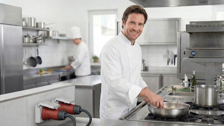 Cepex panel‑mounted receptacles in a professional commercial kitchen – reliable, robust, and engineered for demanding working environments